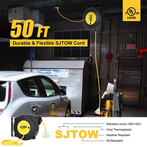 Suraielec 50 Ft Extension Cord Reel, 14 Gauge Retractable Extension Cord, Sjtow 14 Awg/3C Heavy Duty Power Cord, 13 Amp Circuit Breaker, Lighted Triple Tap, Ceiling Or Wall Mount, Ul Listed #TOP3