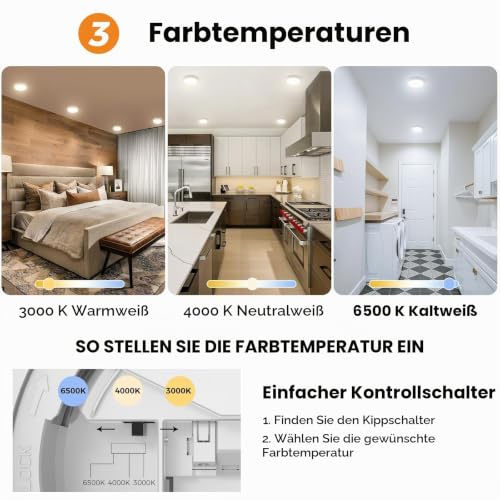 slochi LED Deckenleuchte Flach, 3Farben - 3000K/4000K/6500K, 900LM Ø12CM Klein Deckenlampe… – Ansicht 2