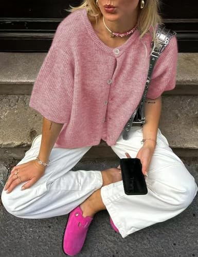 Image of Sumleno Womens Ribbed Knit Cardigan Y2k Crop Top Short Sleeve Button Down Open Front Sweater Loose Casual Cardigan