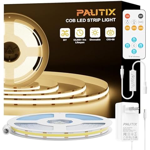 PAUTIX COB LED Strip Light 32.8ft/10m 4800LEDs Warm White 3000K,CRI93+ Super Bright High Lumen,Dimmable 24V Flexible LED Tape Light with RF Remote,24V 48W Power Supply,for Home&Office DIY Lighting Cover