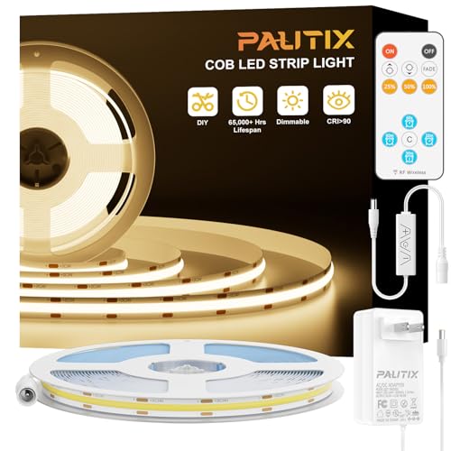 PAUTIX COB LED Strip Lights with RF Remote UL Listed Dotless LED Lights Dimmable 3000K Warm White Super Bright 32.8ft Flexible 24V LED Tape Light for Kitchen Cabinets Bed Office Stairs Indoor Lighting
