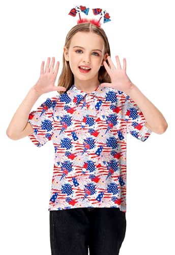 Image of AOBUTE Kids 4th of July Polo American Flag Short Sleeve Button Down Shirts Tops 3-14 Years