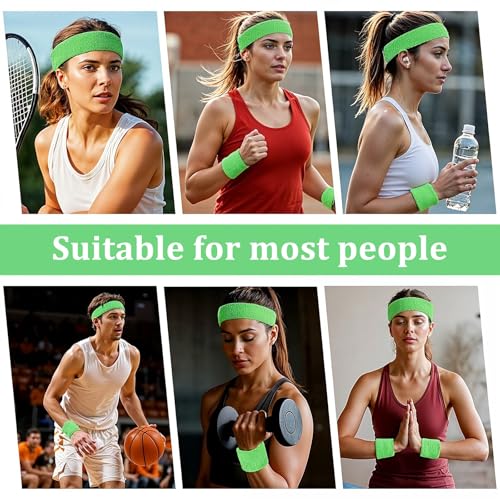 Image of Yolev 3Pieces Sweatband Set, Sports Headband and Wristbands, Set of 1 Headband and 2 Wristbands, for Athletic Men and Women, Black and Neon Green, One Size(Light Green)