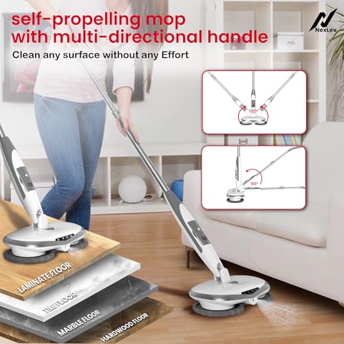 Image of NexLev Cordless Spin Mop|50 Min Runtime|2 Extra Mop Pads | Type C | For Home Kitchen & Office Use | Water Spray Function|Self Propelling|Mopping for All Floor Types|LED for Corners and Underbed|SPM-01