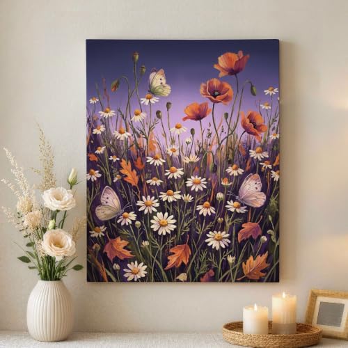 Lienzo de flores violeta y naranja que aporta luz y elegancia abstracta a tu dormitorio