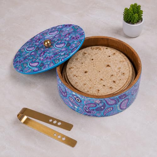 Image of Wooden Chapati Box for Kitchen - Casserole for Roti with Stainless Steel Brass Lid | Wooden Chapati Box with 1 Tong | Traditional Kitchen Organizer - Purple (Printed)
