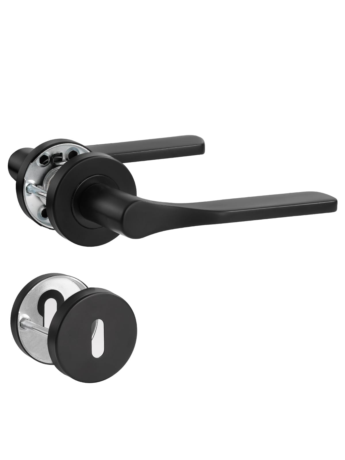 SORWDUERM Maniglia nera per porta, in acciaio inox spazzolato opaco, maniglia per porta e porta interna, a forma di L, rosetta rotonda, PZ - cilindro profilato