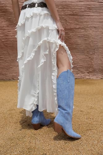 Image of iiimmu Cowgirl Boots Women Knee High Boots Pointed Toe and Block Heel Cowboy Suede and Faux Leather Boots with Embroidered