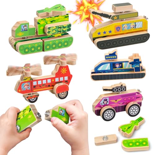Teekdeer Wooden Military Building Blocks,33 Pcs Snap-Together Toy for 3-6 Year Olds,Montessori-Inspired Fine Motor Skill Educational Gift,STEM Take Apart Learning Toys with Helicopter Truck