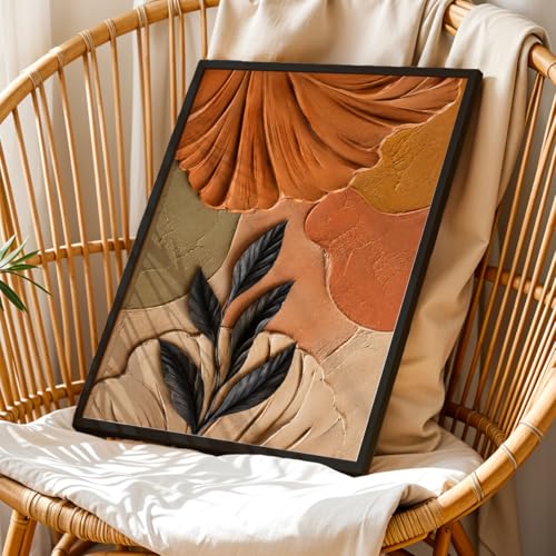 Image of NoWorries 3D Abstract Leaf Wall Painting with Frame Set of 1 | Premium Textured Black Leaf Artwork, Earthy Terracotta Botanical Wall Decor for Living Room, Bedroom, Office and Home Decoration (3d Art-15,17x25inch)