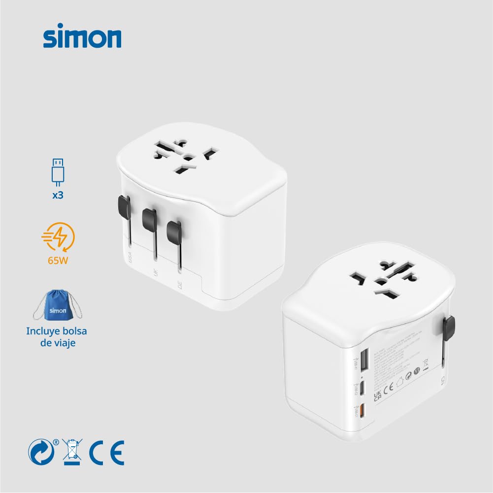 Simon – Adaptador de Viaje Universal, 3 USB (2X USB-C + 1x USB-A) 65W, Compatible en +200 Países, Carga Súper Rápida, Portátiles y Dispositivos Móviles, Bolsa de Viaje, Color Negro