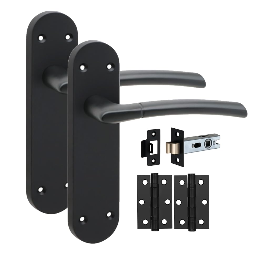 Golden Grace Matt Black 1 Pair Victorian Long Plate Indiana Design Internal Door Handle Sets 182 X 45Mm With 2.5" Latch & Hinges