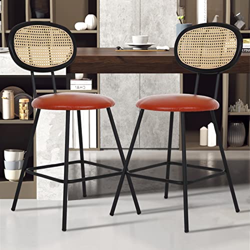 Barstools Set Of 2, Faux Leather Counter Stool With Rattan Backrest Modern Industrial Upholstered Counter Height Stools Urban Mid Century Bar Chairs With Footrest For Kitchen Dining Room Wine Bar #TOP29