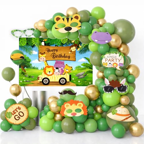 Image of Rozi Decoration Jungle Theme Birthday Decoration Kit Set of 63 Pcs with Banner Flex Backdrop, Green Balloon Garland Kit, Photo Booth Props, Glue Dots and Arch for Kids Safari Theme Birthday Decoration