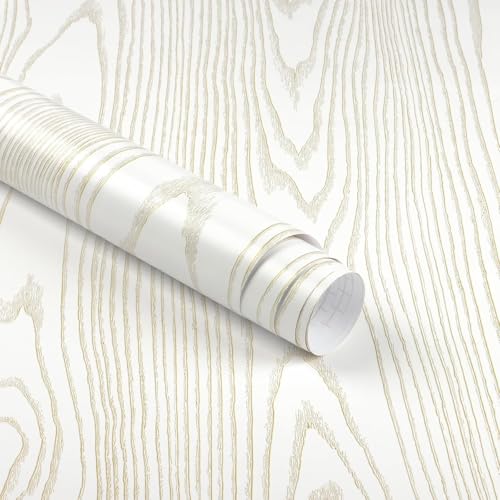 Image of White Gold Wood-Grain Textured Adhesive Wallpaper Modern Minimalist Peel-and-Stick Vinyl Sheet for Walls, Furniture, Kitchen Cabinets, and Home Decor Makeovers (45 x 300 cm).