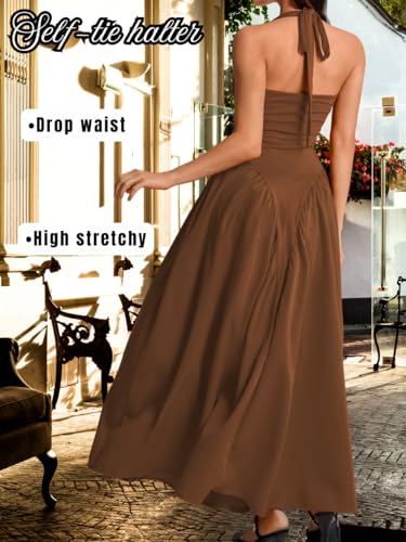 Image of ChiaoLezhee Deep V Neck Dress, Halter Maxi Dresses, Vacation Date Night, Sexy for Women Corset Flowy Wedding Guest Drop Waist