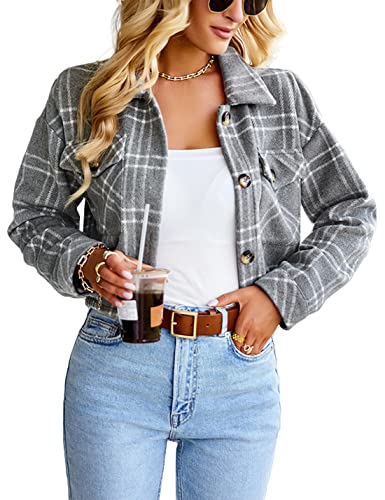 Lviefent Womens Fall Grey Cropped Shacket Jacket Plaid Flannel Button Down Shirt Tops (ZZZ-Grey, X-Large)