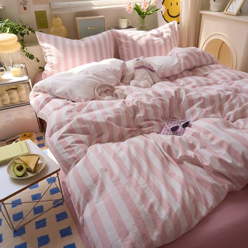 Image of LifeTB Peach Pink Striped Comforter Set King, 3 Piece Vintage Stripes Pattern Printed Bedding Set, Breathable Soft Farmhouse Striped Bedding Comforter King, Cozy Lightweight Pink Comforter Set