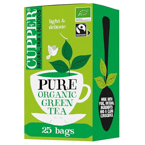CUPPER Tè Verde Biologico Fairtrade, Gusto Delicato e Raffinato, Tè Verde da Agricoltura Biologica, Filtri 100% Biodegradabili, Confezione da 25 Bustine