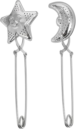 Juego de 2 infusores de té de mango largo, coladores de té en forma de luna y estrella de acero inoxidable para té de hojas sueltas, ideal para uso