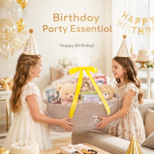 Image of OIASKET Large Empty Cotton Rope Gift Basket with Handles, 16.5 inchx12.6 inchx7 inch Decorative Woven Storage Basket with Gift Bag and Ribbon Set for Baby Shower, Toy Organizer for Kids, Dogs & Cats - Brown