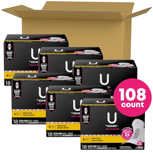 Image of U by Kotex Balance Ultra Thin Pads with Wings, Regular Absorbency, 108 Count (6 Packs of 18) (Packaging May Vary)