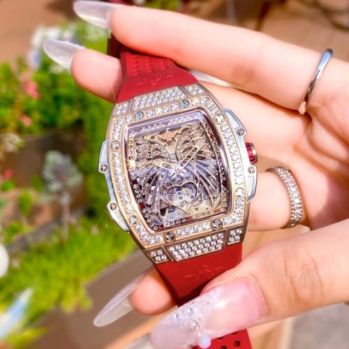 Image of OUPINKE Automatic Watches for Women Fashion Hollow Skeleton Squre Womens Watches Diamonds Rose Gold Waterproof Luminous Mechanical Ladies Watches Red White Soft Silicone Strap