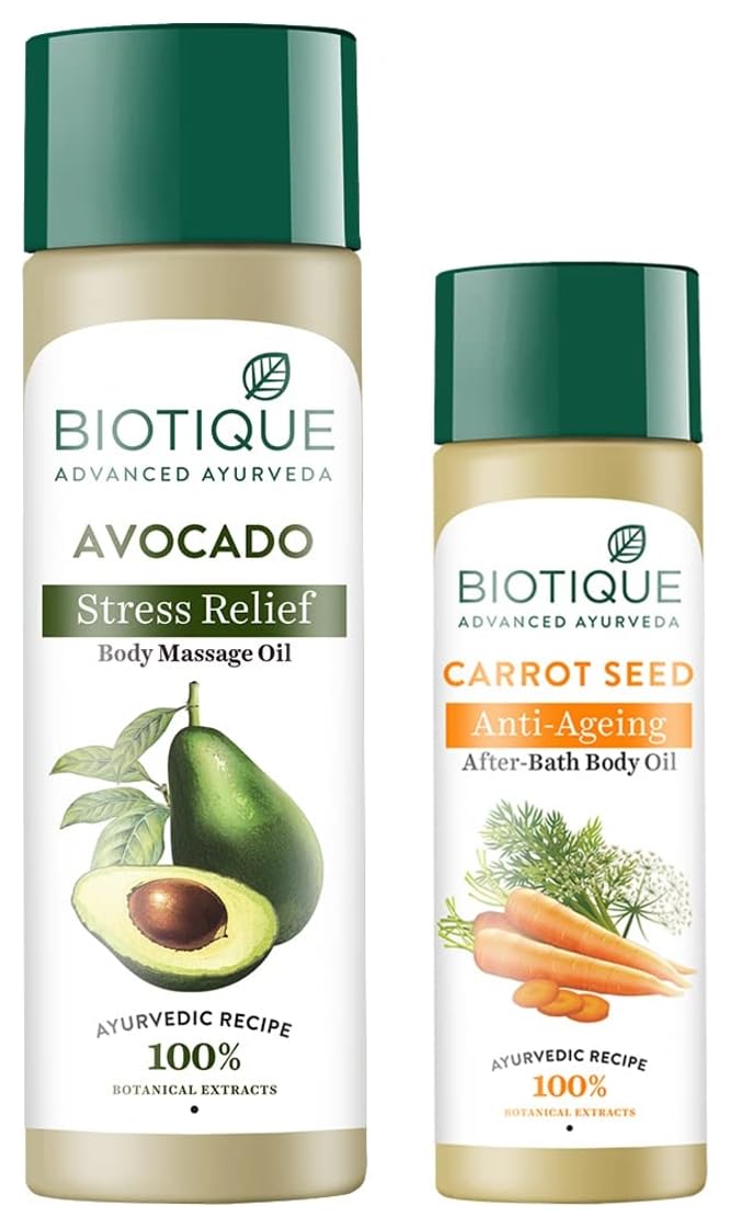 Bio Carrot Seed Anti Aging After Bath Body Oil, 120ml & Bio Cado Avocado Stress Relief Body Massage Oil, 200ml