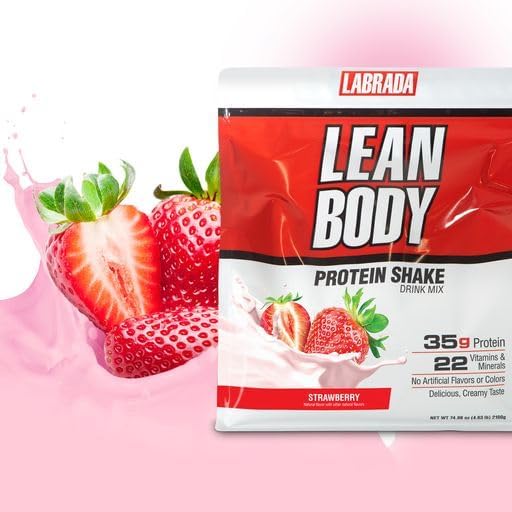 Lean Body - Batido de proteína de fresa todo en uno. 1.23 oz de proteína, mezcla de suero, 0.27 onzas de grasas saludables y fibra, 22 vitaminas y