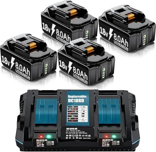 4X 18V 8.0Ah Ersatzakku für makita akku + Dual Port 6A Ladegerät BL1860B BL1850B BL1840 BL1830 BL1835 BL1845 194205-L1845 BL1890 BL1415 BL1430 BL1440 BL1835 194205-3 LXT-400 with LED Werkzeugakku