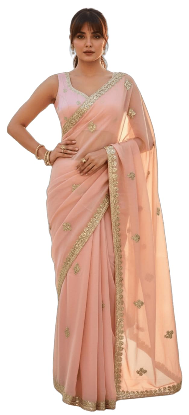 Women’s Georgette Gold Foil Cording Embroidery Work Saree With Blouse Piece (Foil_Embroidery1_Parent)-image-30