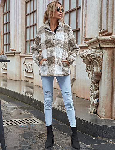 Image of AKEWEI Women Plus Size Sweatshirt Long Sleeve Button Double Fuzzy Fleece Jacket with Hood Pullover Outwear Tops with Pocket