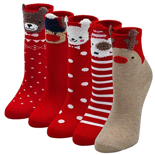 PUTUO Kids Girls Christmas Socks: Boys Fun Novelty Animal Cotton Santa Socks for Xmas Gifting 5-7 Years 5 pairs
