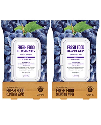 Face Wipes Makeup Remover Daily Simple Gentle Cleansing Cloth by Fresh Food for Skin (Grape, 2pk Sensitive Skin (120 Count))