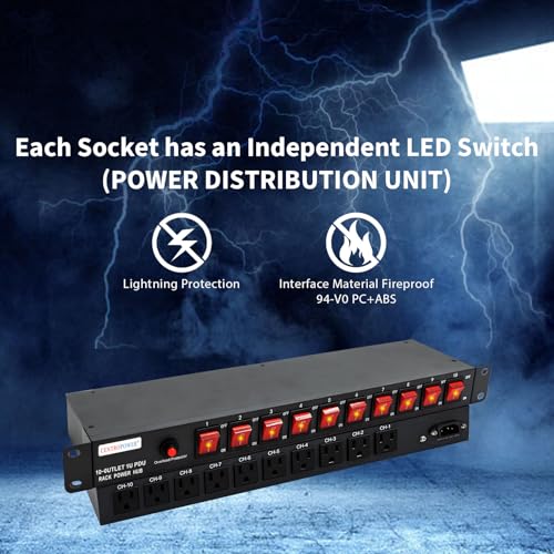 Image of 1U PDU Horizontal Rack Mount Power Strip Overload Protector | 10 NEMA 5-15R Outlet, 100V-240V /15A, 1800 Joules, 10 Independent LED Switches, 6ft Cord