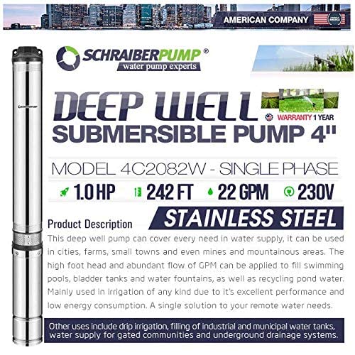 Schraiberpump 4" Deep Well Submersible Pump 1Hp, 230V, New Axial Load Design, 242'Head, 105Psi Max, 22Gpm, 2Wire, Thermal Protection, Stainless Steel, 100% Copper Winding Includes Splice Kit #TOP4