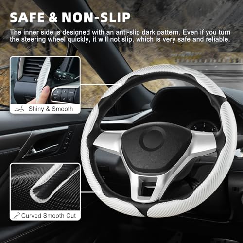 Image of Amiss 3pcs Carbon Fiber Anti-Skid Steering Wheel Cover, Waterproof Design, Universal Fit for 14-16 Inch Car Wheel Cover, Interior Car Accessories for Jeeps, SUVs, Trucks (Glossy White)