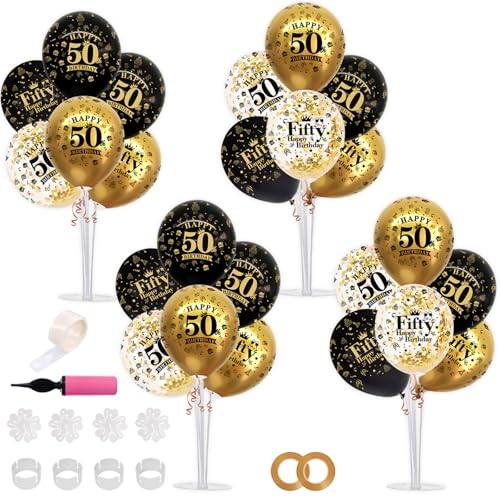 Image of TONIFUL 4 Set Black Gold 50 Printed Balloon Stands for 50th Birthday Decor