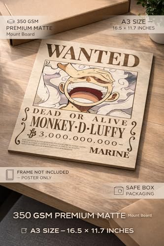 Image of BOND VERSE Luffy Wanted Poster - A3 Size Wall Art Prints (300 GSM Matte Finish) L-42CM X W-30CM | ONE PIECE | Anime Wall Art | Vintage Pirate Bounty Design | Premium Matte Anime Print | BOND VERSE | FRAME NOT INCLUDED