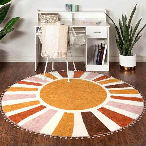 Image of LIVEBOX Sun Round Rug 6ft Large Boho Rug for Living Room, Washable Soft Kids Area Rug Throw Rugs for Classroom, Non-Slip Circle Nursery Rug Round Carpet for Bedroom