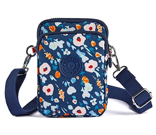 LaRechor Petite Sac Bandoulière en Nylon Sac Téléphone Portable Mini Sacoche Femme Fille 3 Compartiments Pochette Bandouliere à Fleurs pour Voyage