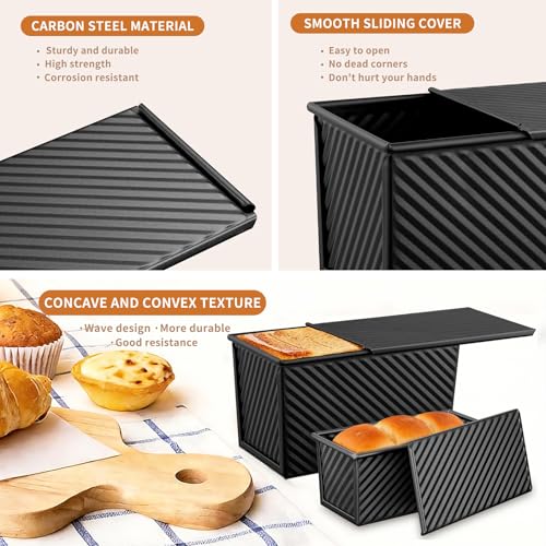 Image of 3 Pack Pullman Loaf Pan with Lids, Non-Stick Bread Loaf Pan, Heavy Duty Carbon Steel Corrugated Toast Box for Baking, Square Bread Pans for Homemade Sandwich, Bakeware (Black)