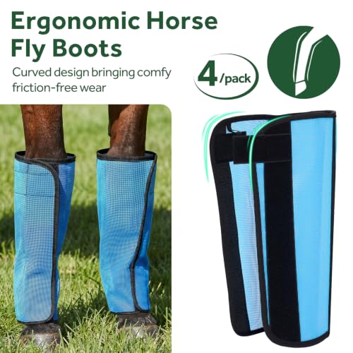 Image of Fly Boots for Horses - 4 Pack Horse Breathable Mesh with UV-Protection Leggings Boot, Reduces Stomping & Anti-Sag Stays for Medium Large Size Equine Leg Protectors(Blue)