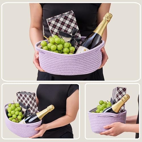 Image of 2-Pack Small Woven Gift Baskets Empty with Bags & Ribbons, Storage Basket for Father's Day for Dad, Baby Shower, Raffle, Birthday, Cute Organizer with Handles, 12 inchx8 inchx5 inch, Purple