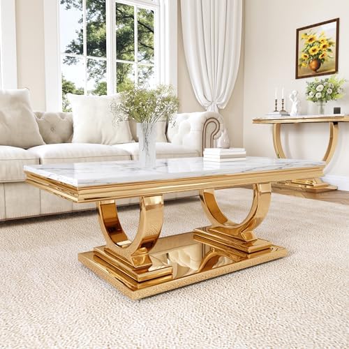 Luxury Marble Coffee Table, 47" Rectangle Coffee Table with Faux ...