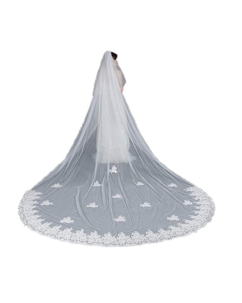 Velo de Novia Boda Largo Blanco Marfil Retro Encaje Bordado Borde 2 Capa Suave Tul Con Metal Peine 4m