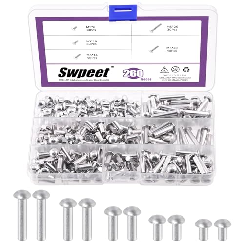 Swpeet 260Pcs M5 × 6mm 10mm 14mm 20mm 25mm Solid Aluminum Brazier Head Rivets, Aluminum Rivet, Plain Finish, Universal Head, High Corrosion Resistance for Repairing Boats, Aircraft, Making Armor