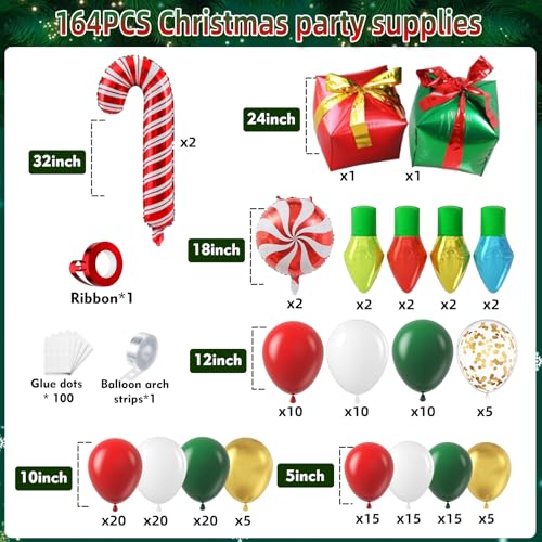 Image of 164Pcs Christmas Balloon Arch Garland Kit Xmas Red White Green Gold Latex Balloons Light Bulb Candy Cane Gift Box Foil Balloons Arch Kit for Christmas New Year Party Birthday Party Decorations