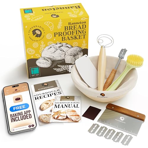 Superbaking 9' Round Banneton Bread Proofing Basket Gift Set– Sourdough Starter Kit for Crusty Artisan Style Loaves, Includes Essential Bread Baking Supplies & Tools - Ideal Gift for Bakers