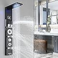 RUMOSE Matte Black Shower Panel Tower System, 5-Function Shower Faucet Set LED Light Rainfall Shower Head Digital Display with Massage Jets Tub Spout Shower Shelves, Stainless Steel, Wall Mount